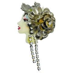 Vintage 80's flapper art deco style ladies face designer pin brooch