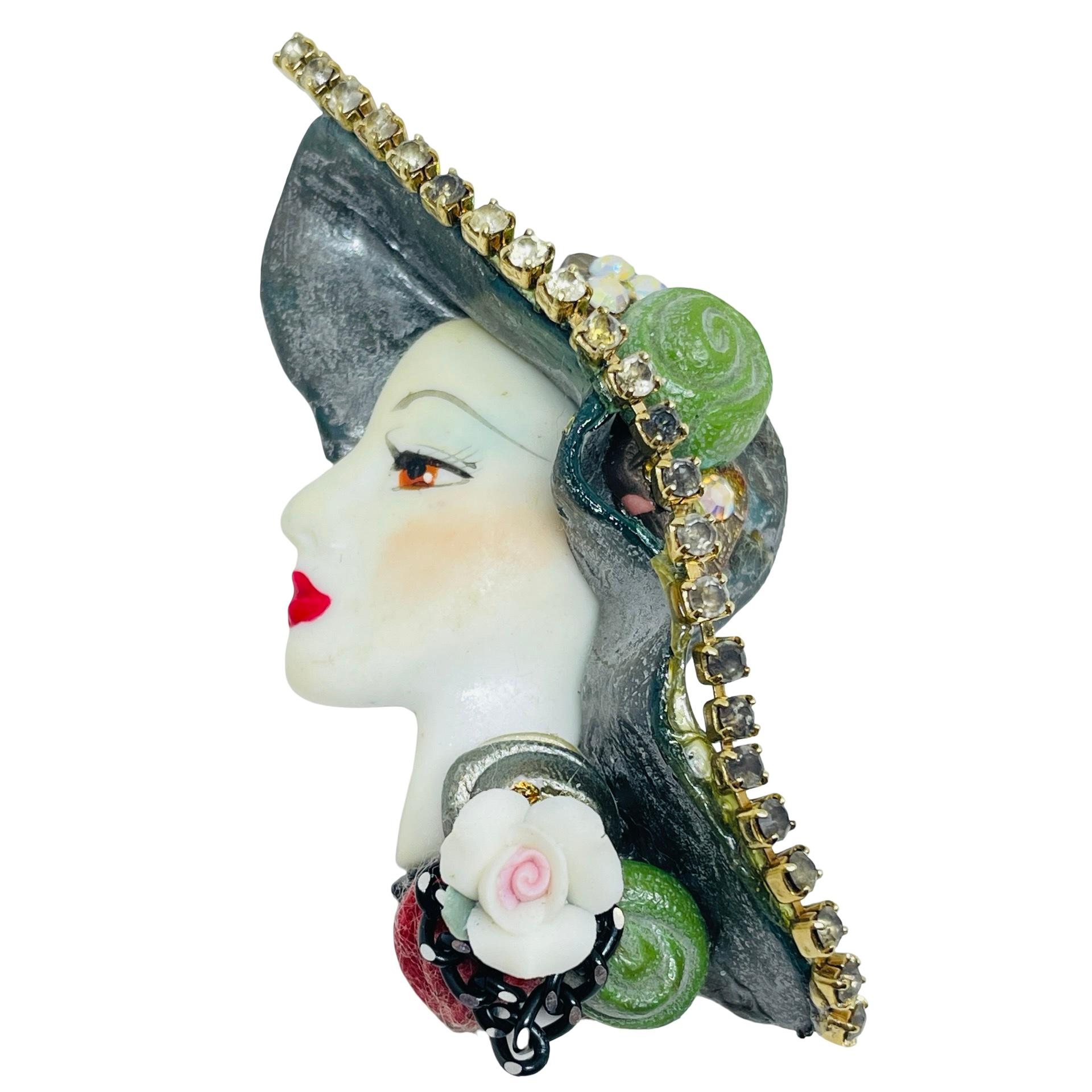 Vintage 80's flapper art deco style ladies face designer pin brooch