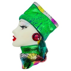 Broche vintage 80's flapper art deco style ladies face designer broche