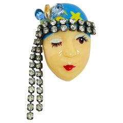 Broche vintage 80's flapper art deco style ladies face designer broche