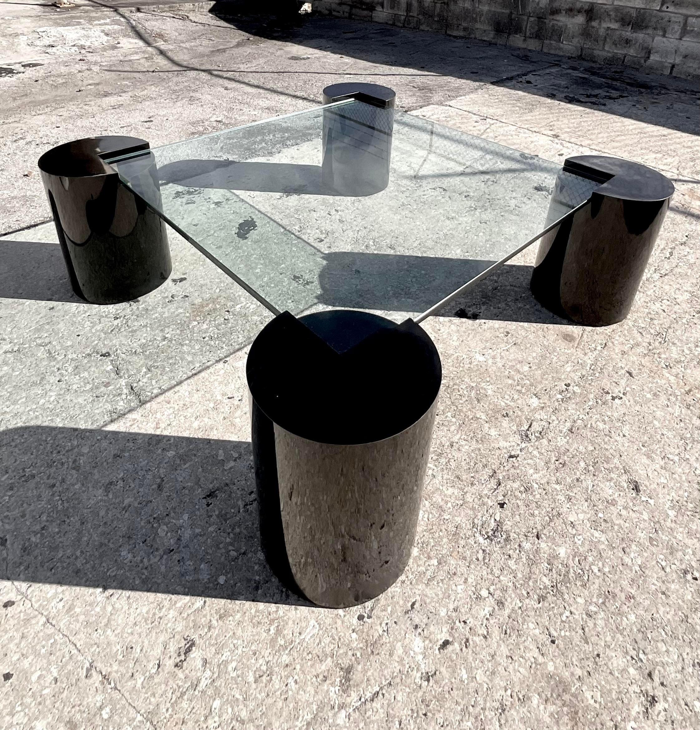 Glass Vintage 80s Four Corners Pedestal Coffee Table After Springer For Sale
