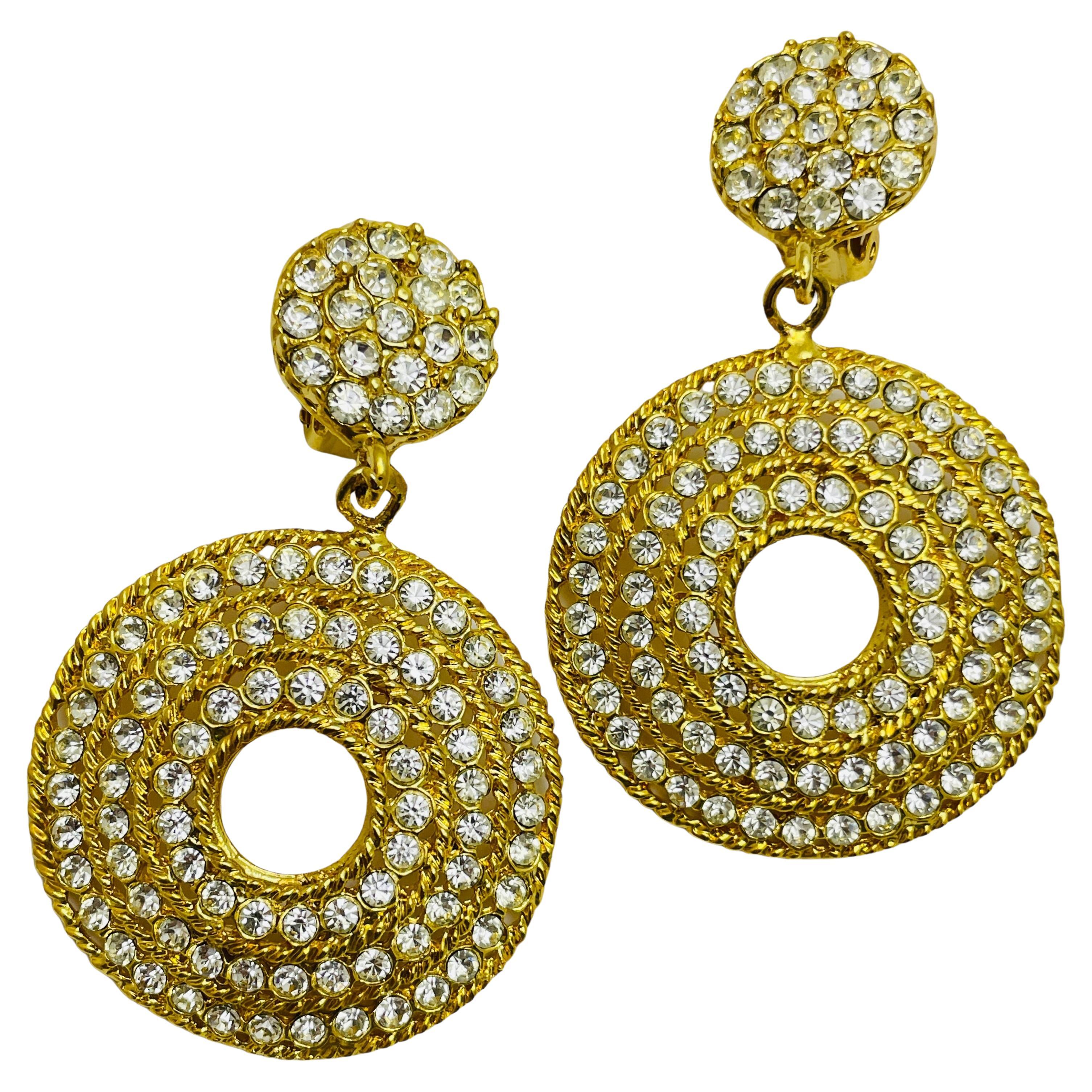 Vintage 80’s gold rhinestone designer dangle clip on earrings For Sale