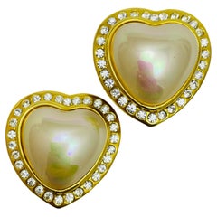 Vintage 80’s gold rhinestone pearl heart designer clip on earrings