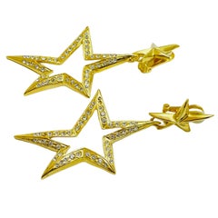 Vintage 80’s gold stars rhinestone designer dangle clip on earrings