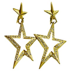Vintage 80’s gold stars rhinestone designer dangle clip on earrings