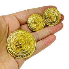Vintage 80's gold tone lions head designer clip on earrings brooch set