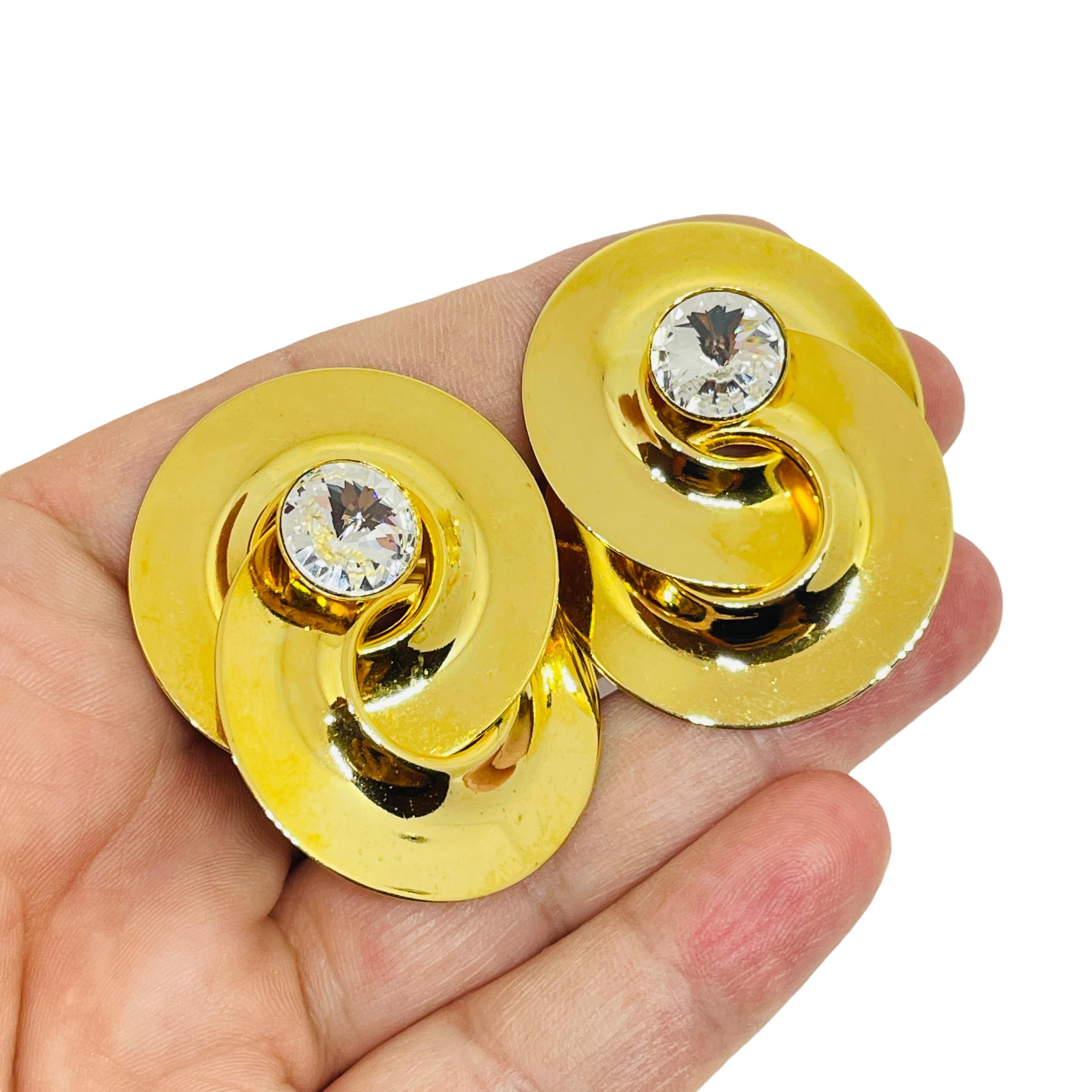 Women's Vintage 80’s gold tone rhinestone massive designer clip on earrings For Sale
