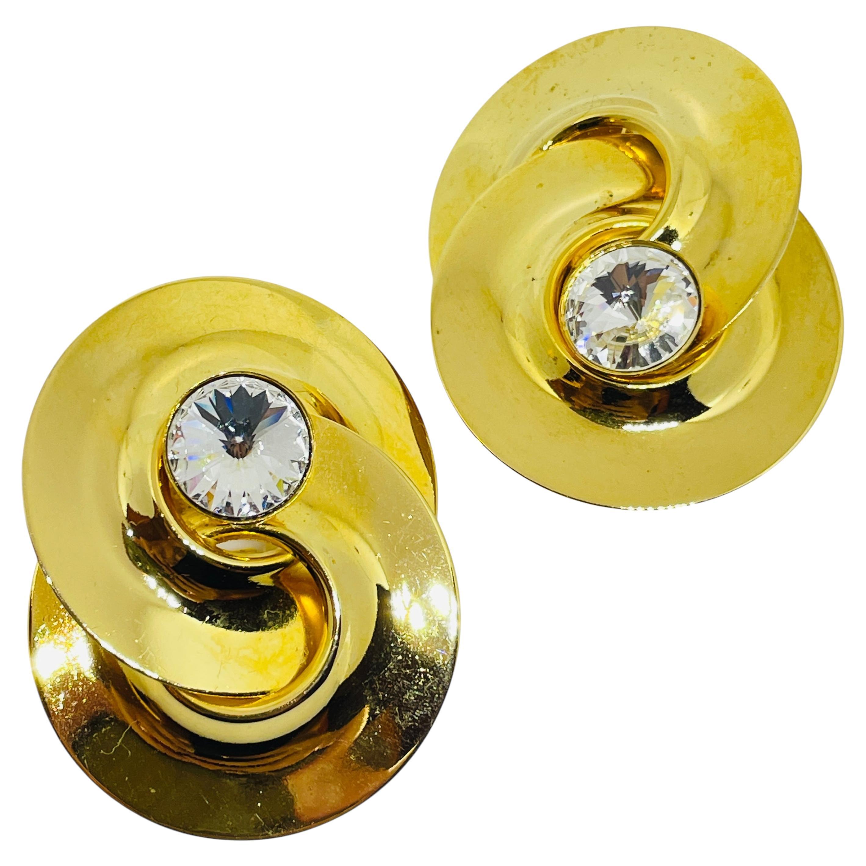 Vintage 80’s gold tone rhinestone massive designer clip on earrings For Sale