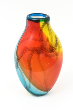 Vintage 80's Italian Murano Signed Fratelli Vase/ Vessel Orange Red, Turquoise