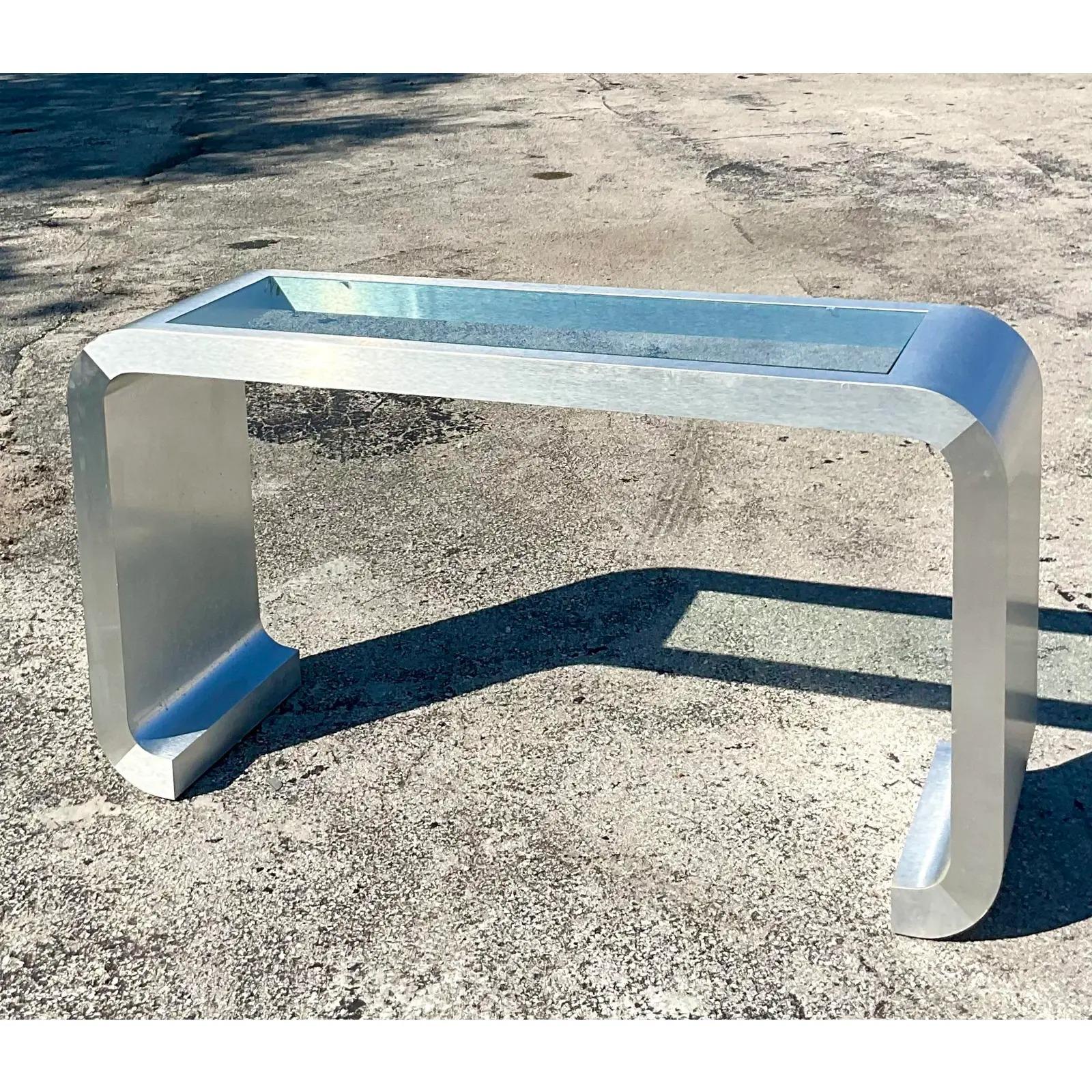 Vintage 80s Laminate Waterfall Console Table In Good Condition In west palm beach, FL