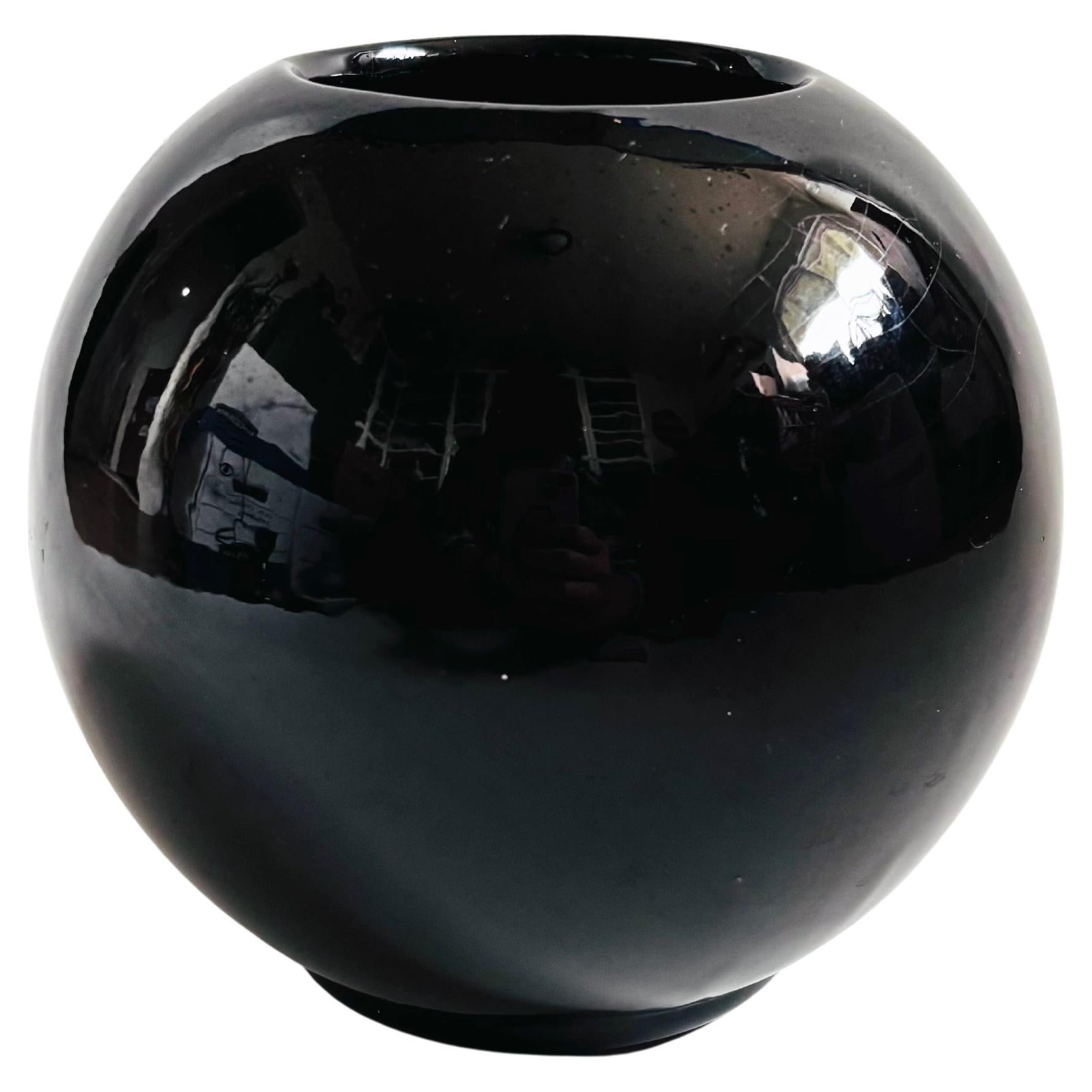 Vintage 80s Modern Black Ceramic Sphere Vase