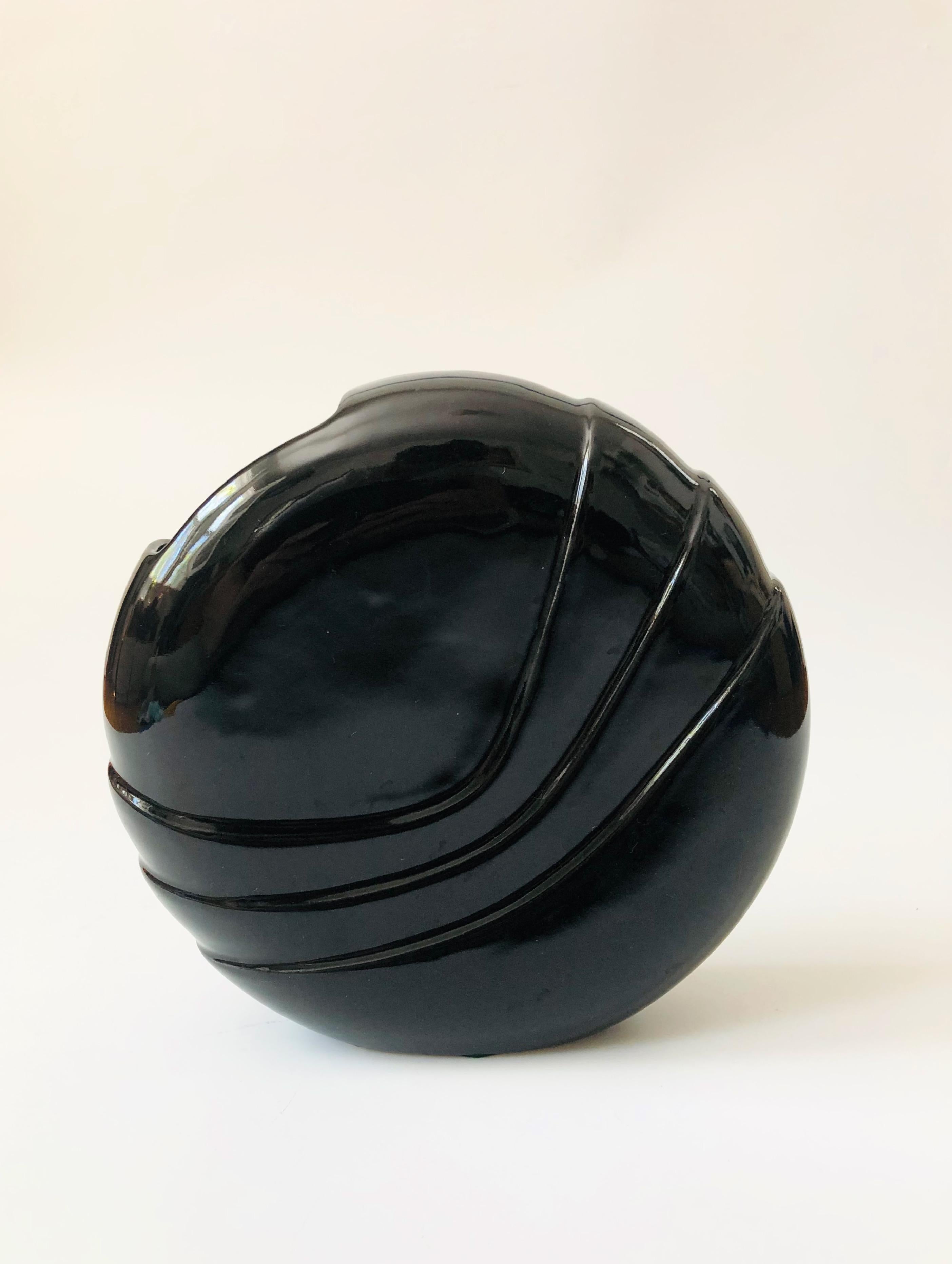 Post-Modern Vintage 80s Modern Embossed Black Circular Vase For Sale