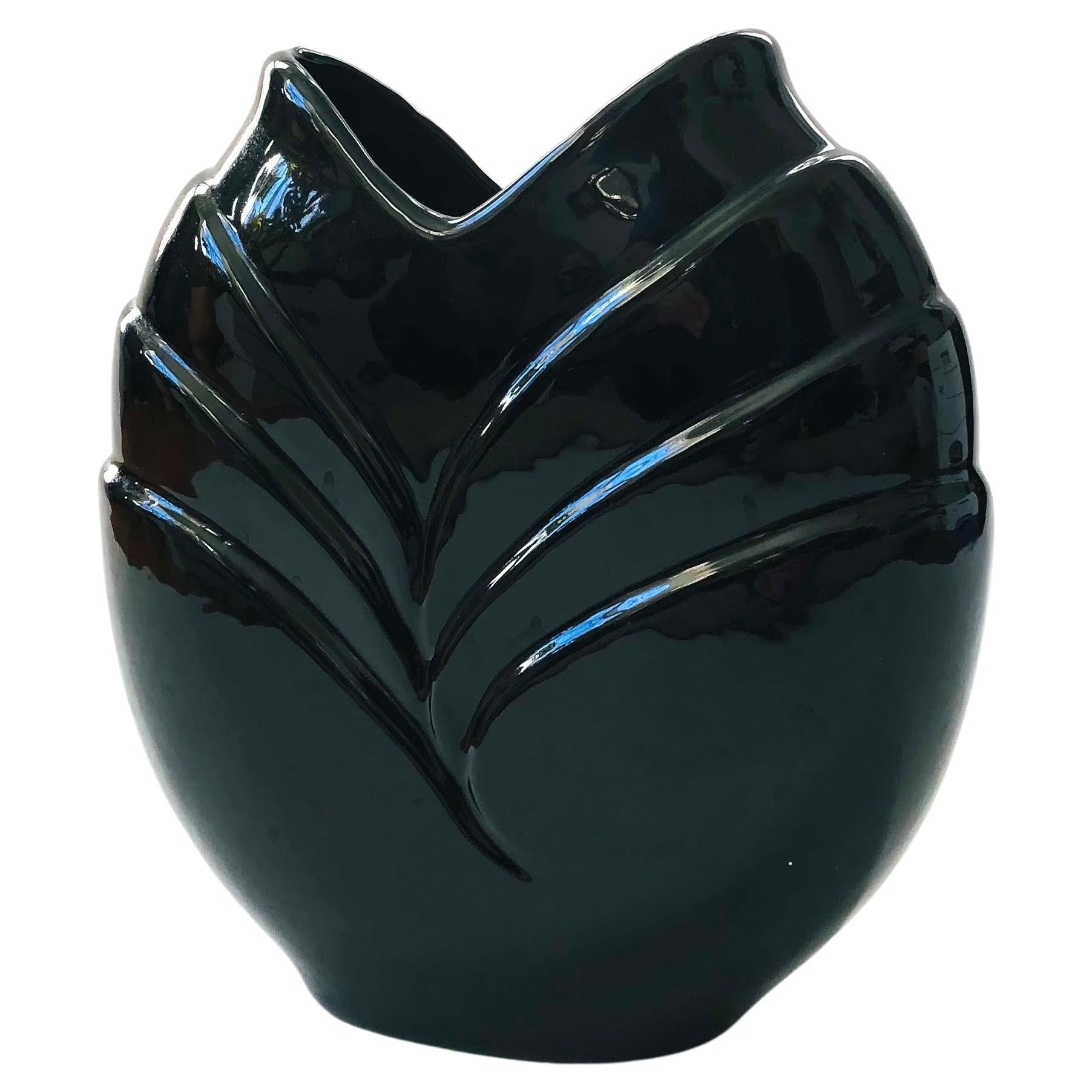 Vintage 80s Modern Embossed Black Vase For Sale