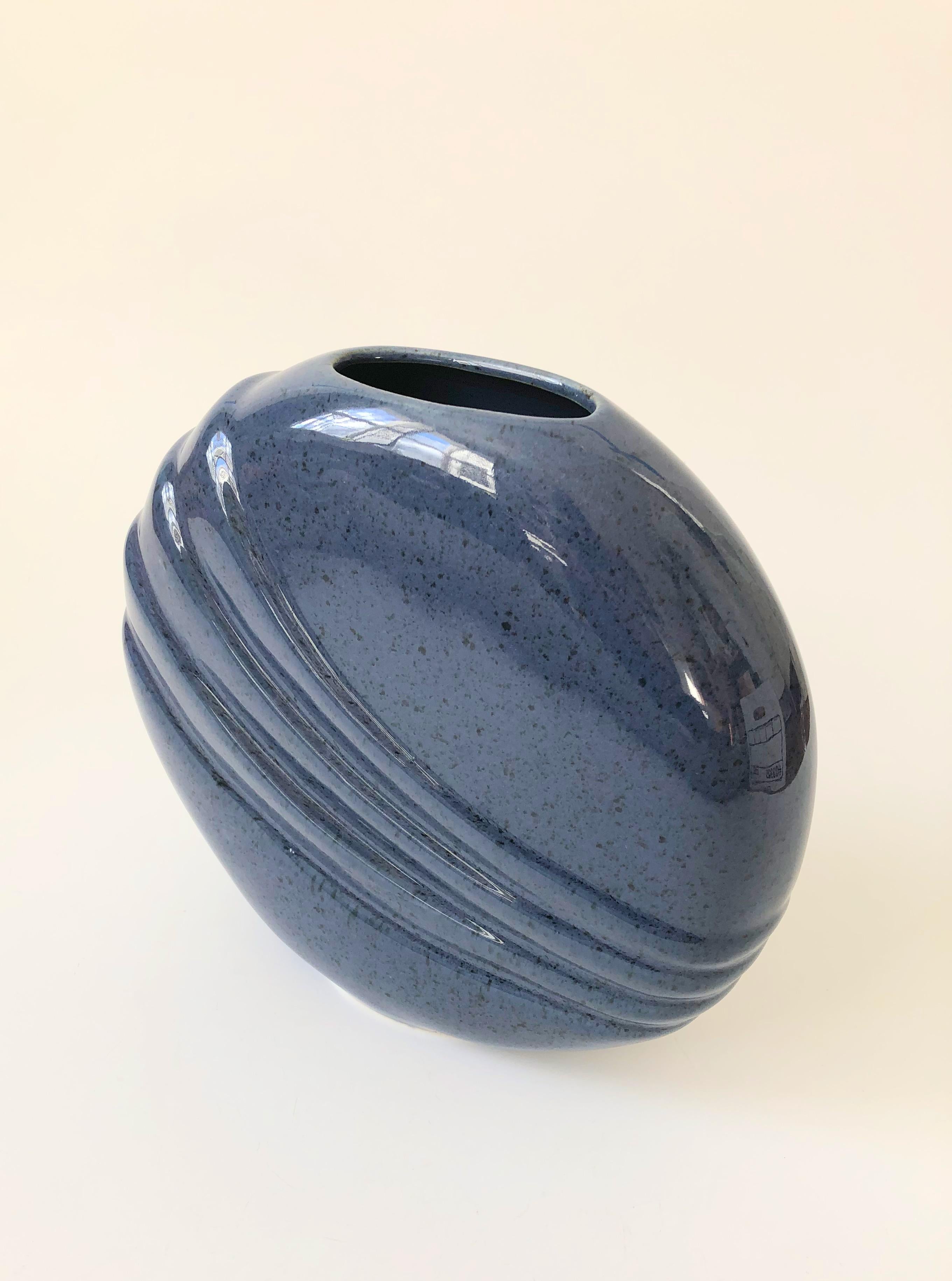 Post-Modern Vintage 80s Modern Flat Speckled Blue Embossed Vase