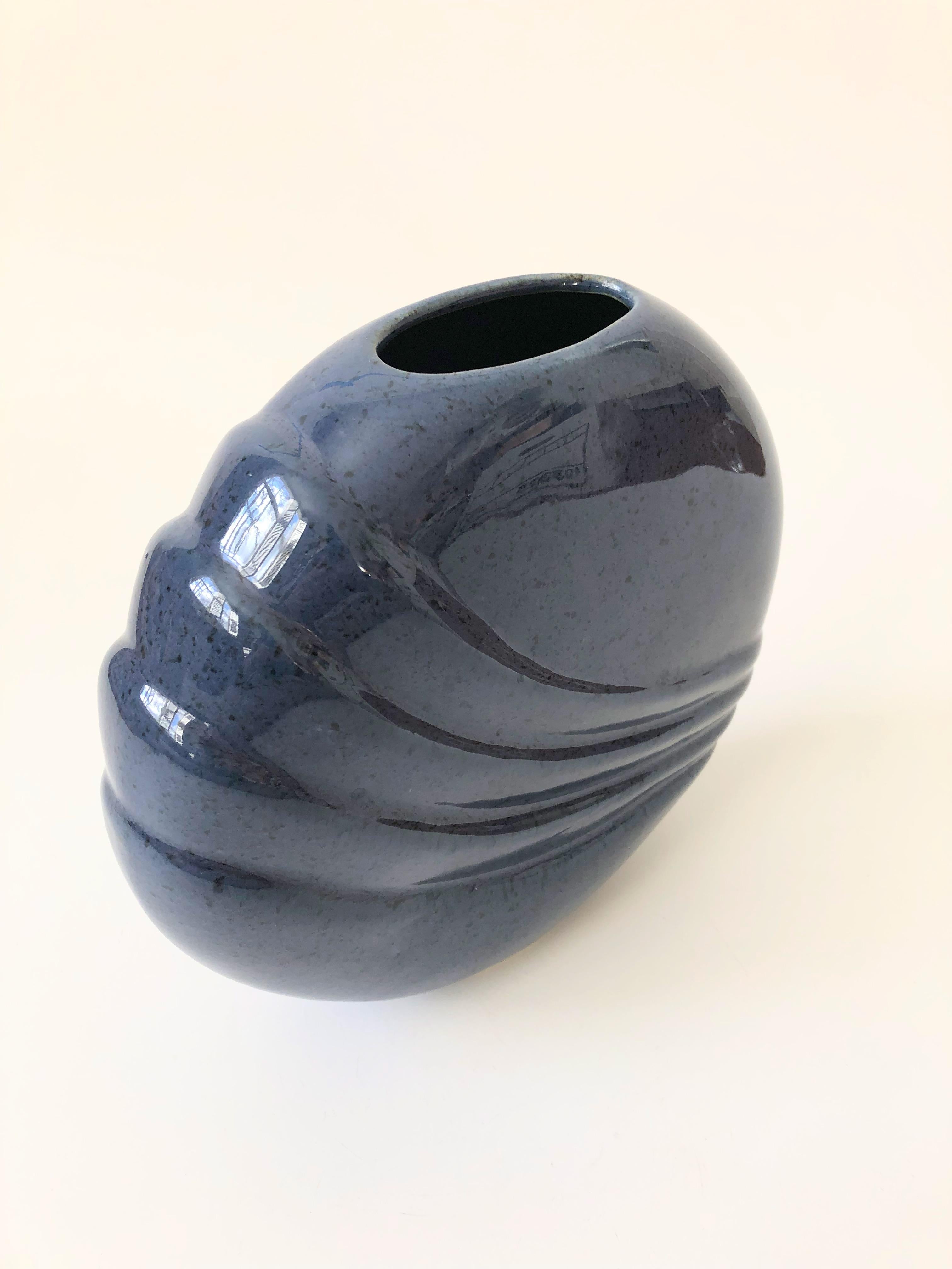 Ceramic Vintage 80s Modern Flat Speckled Blue Embossed Vase