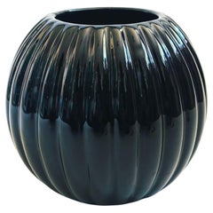Vintage 80s Modern Ribbed Black Ceramic Sphere Vase