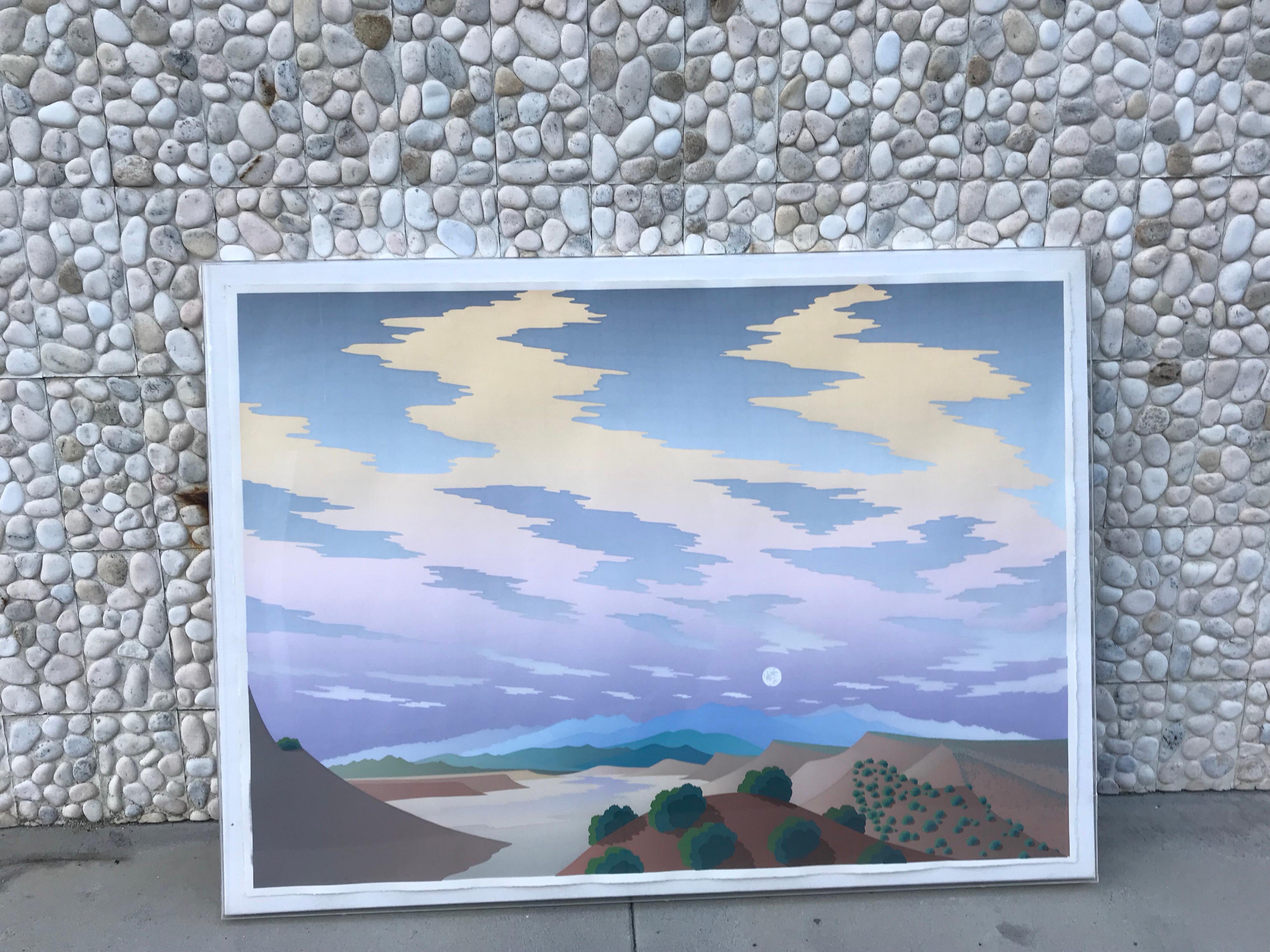 This painting came for a Palm Springs philanthropist’s desert estate with an amazing art collection. Done by well known and highly collected Arizona artist Doug West. The silkscreens of desert landscapes have become quite collectable because of his