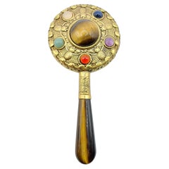 Specchio a mano vintage anni '80 con pietre multiple cabochon in ottone - Maniglia occhio di tigre #1