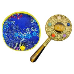 Specchio a mano vintage anni '80 con pietre multiple cabochon in ottone - Maniglia occhio di tigre #1
