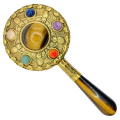 Specchio a mano vintage anni '80 con pietre multiple cabochon in ottone - Maniglia occhio di tigre #2