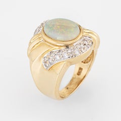 Vintage 80s Natural Opal Diamond Ring Wide Band Estate Fine Jewelry