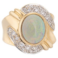 Vintage 80s Natural Opal Diamond Ring Wide Band Estate Fine Jewelry
