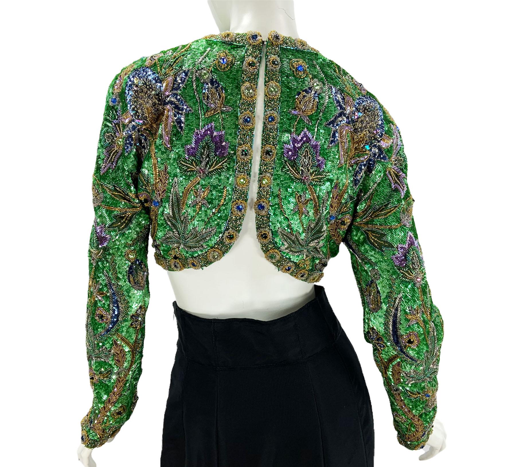 Vintage 80's Oscar De La Renta Fully Beaded Bolero Top + Silk Taffeta Skirt Set For Sale 5