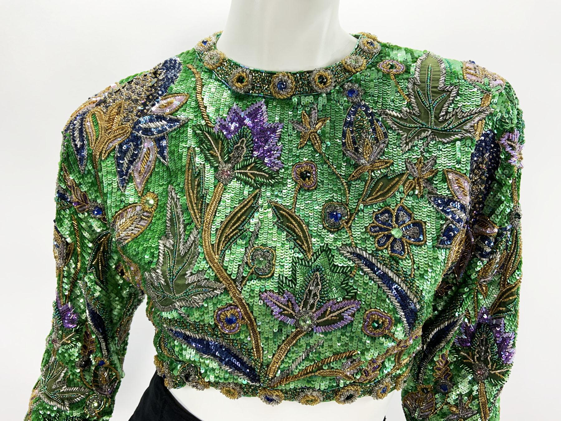 Vintage 80's Oscar De La Renta Fully Beaded Bolero Top + Silk Taffeta Skirt Set For Sale 6