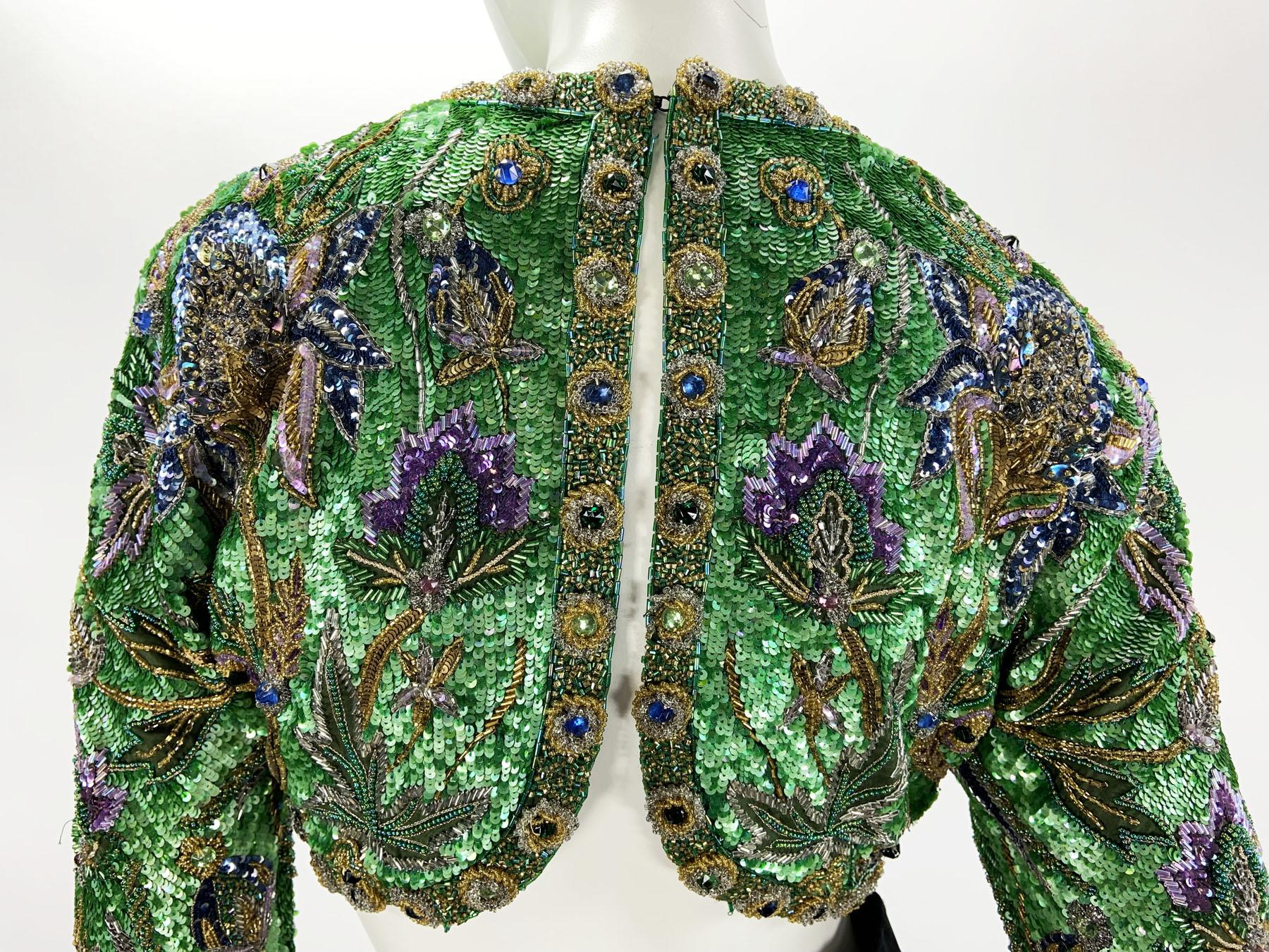 Vintage 80's Oscar De La Renta Fully Beaded Bolero Top + Silk Taffeta Skirt Set For Sale 7