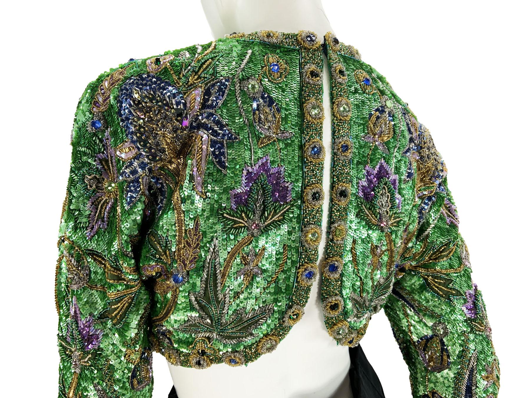 Vintage 80's Oscar De La Renta Fully Beaded Bolero Top + Silk Taffeta Skirt Set For Sale 8