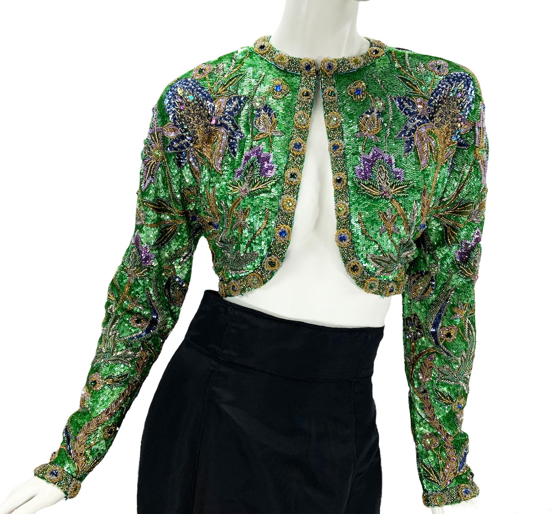 Vintage 80's Oscar De La Renta Fully Beaded Bolero Top + Silk Taffeta Skirt Set For Sale 9