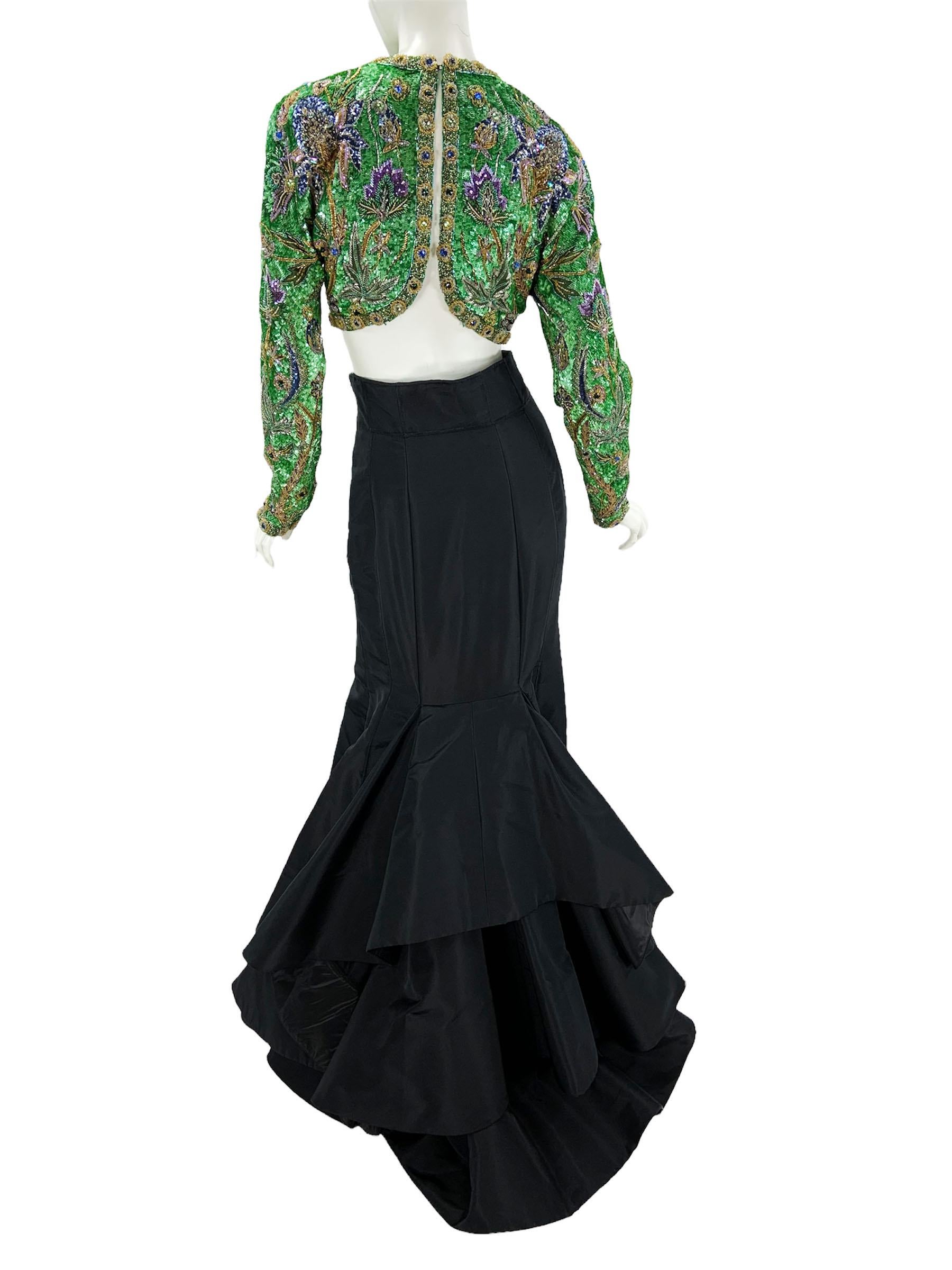Black Vintage 80's Oscar De La Renta Fully Beaded Bolero Top + Silk Taffeta Skirt Set For Sale