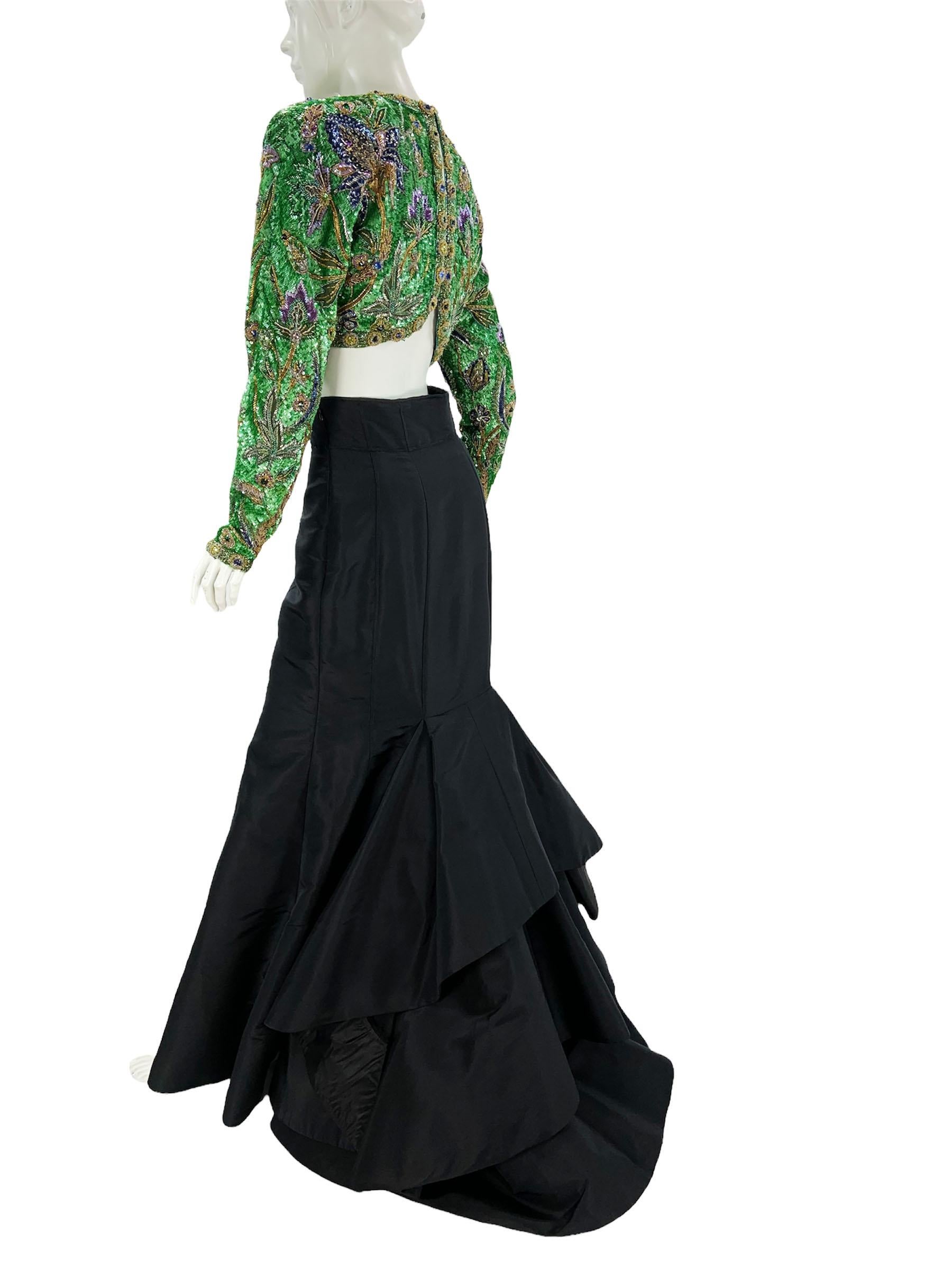 Vintage 80's Oscar De La Renta Fully Beaded Bolero Top + Silk Taffeta Skirt Set In Excellent Condition For Sale In Montgomery, TX