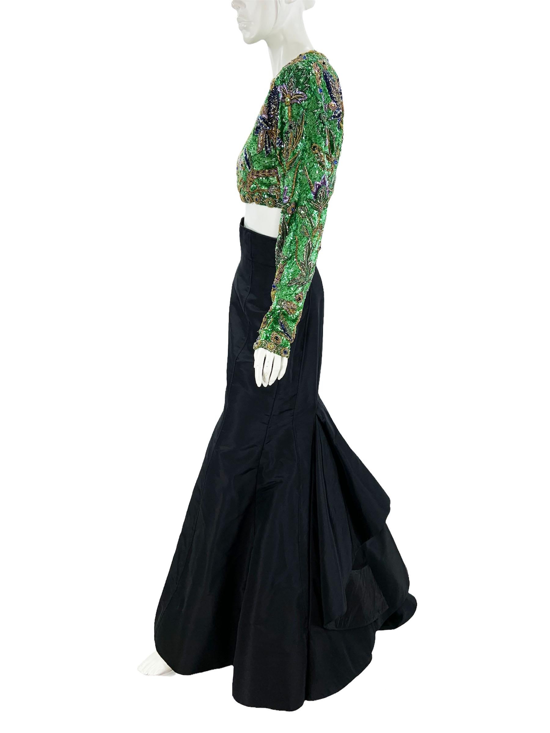 Women's Vintage 80's Oscar De La Renta Fully Beaded Bolero Top + Silk Taffeta Skirt Set For Sale