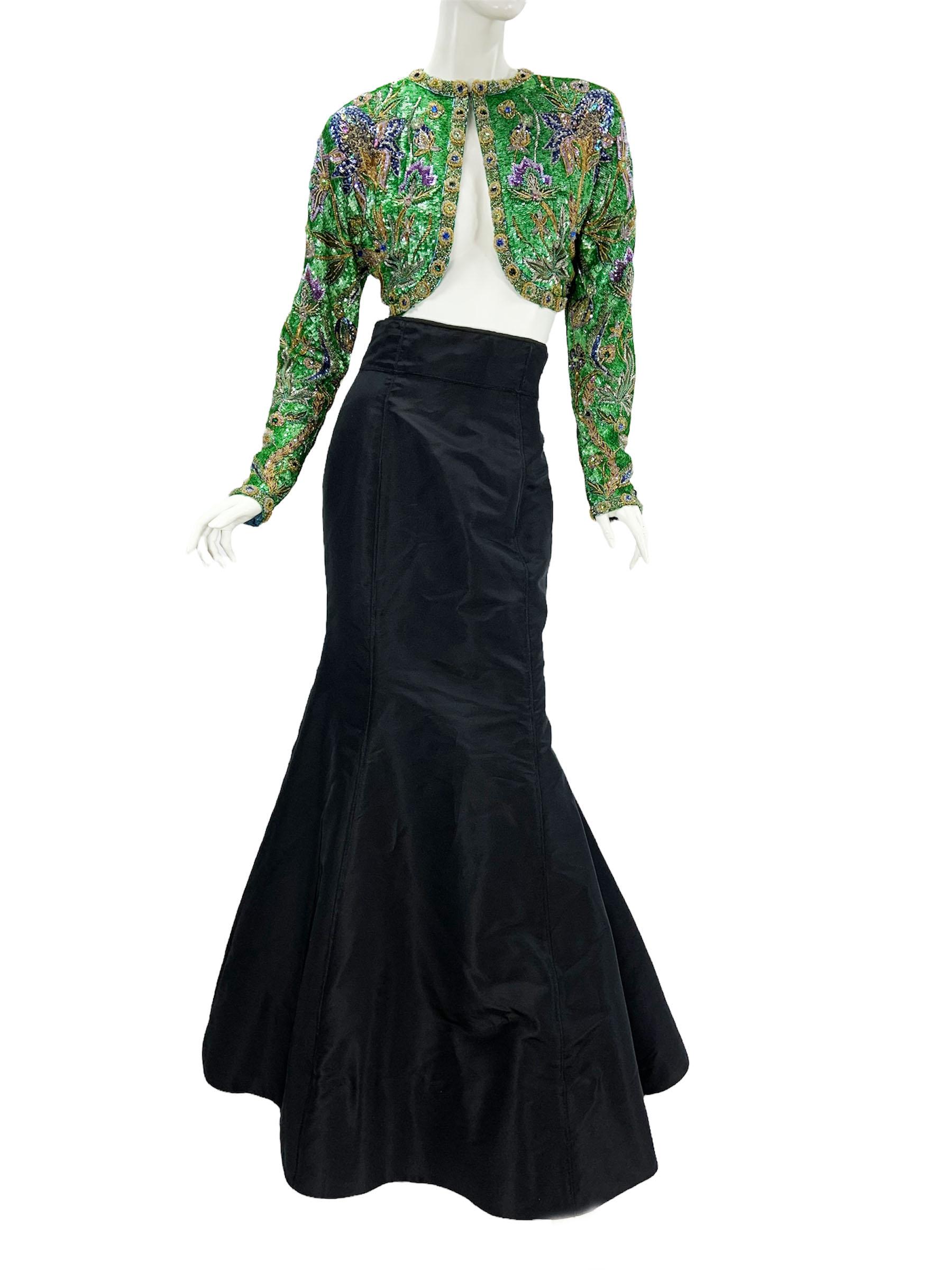 Vintage 80's Oscar De La Renta Fully Beaded Bolero Top + Silk Taffeta Skirt Set For Sale 1