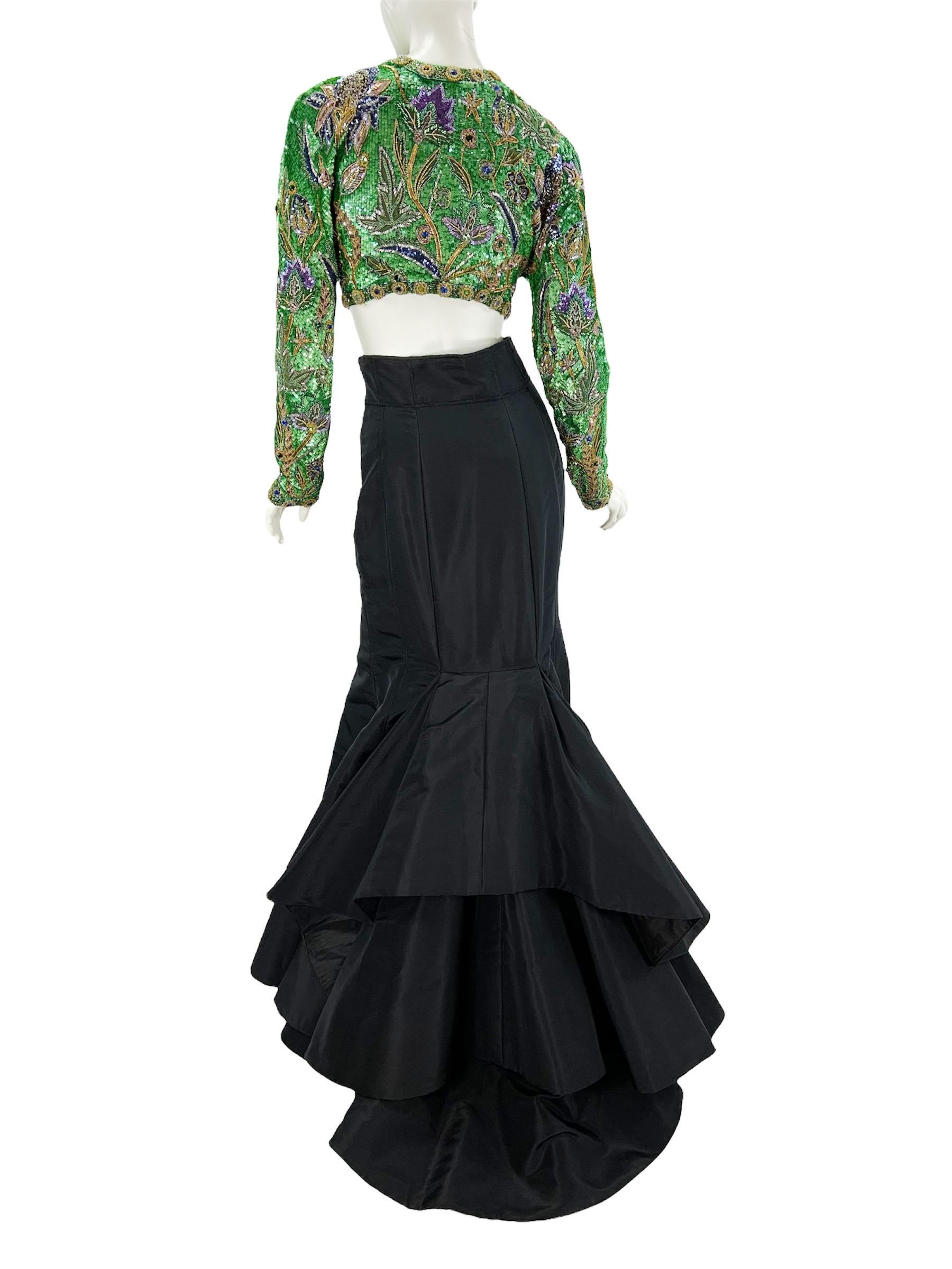 Vintage 80's Oscar De La Renta Fully Beaded Bolero Top + Silk Taffeta Skirt Set For Sale 2