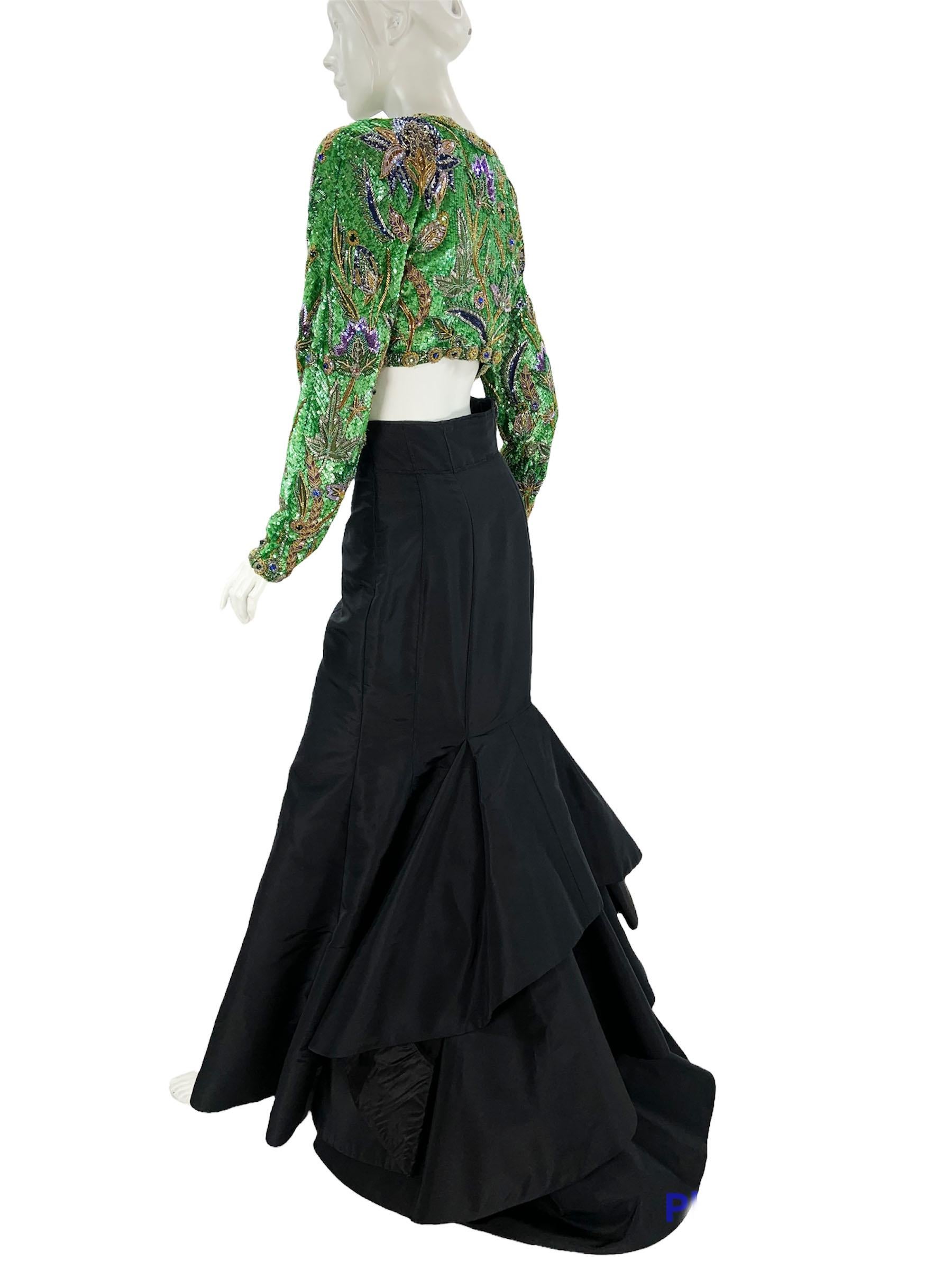 Vintage 80's Oscar De La Renta Fully Beaded Bolero Top + Silk Taffeta Skirt Set For Sale 3