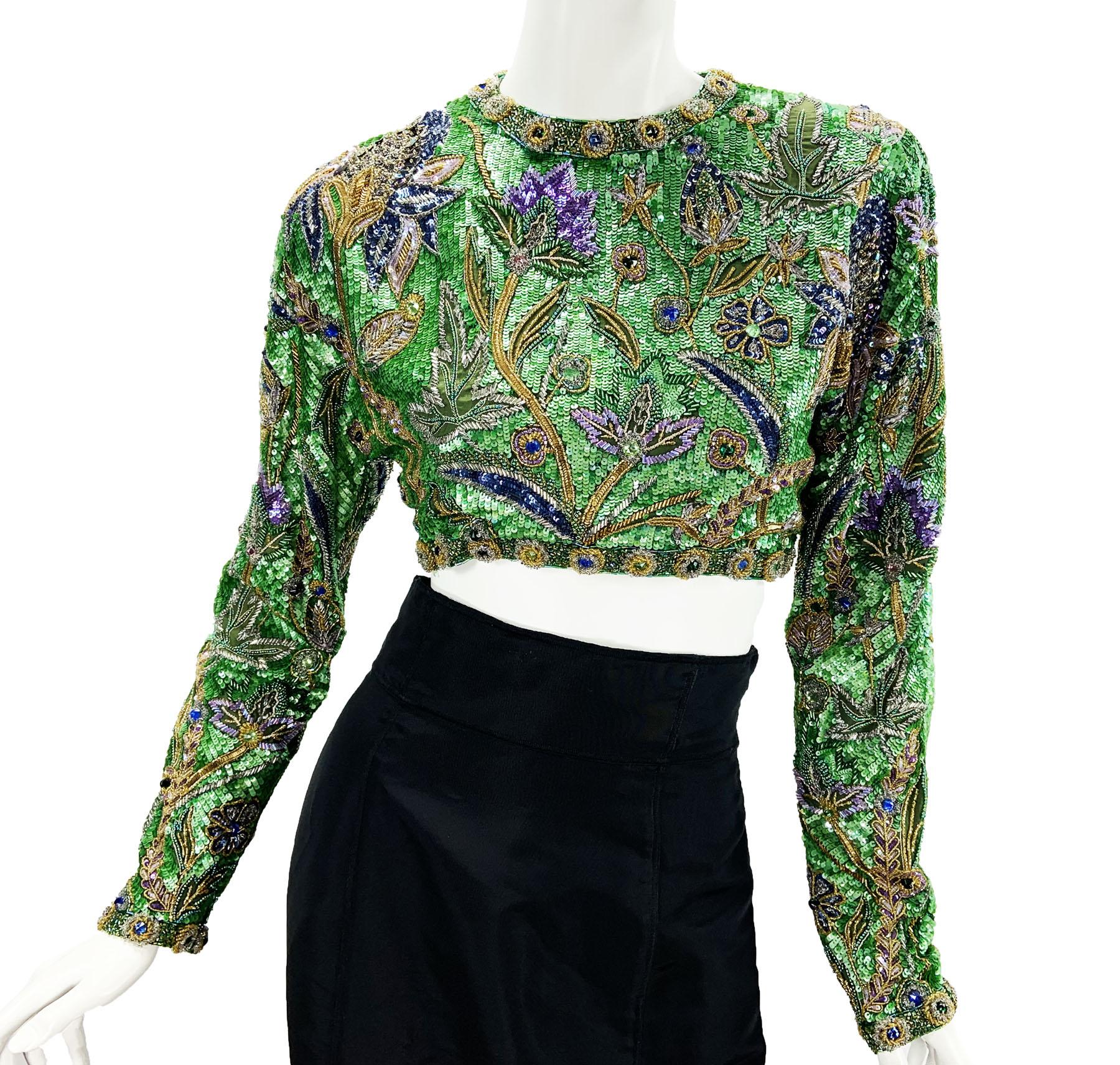 Vintage 80's Oscar De La Renta Fully Beaded Bolero Top + Silk Taffeta Skirt Set For Sale 4