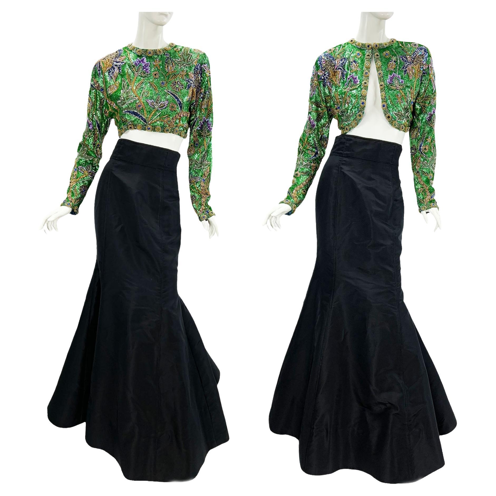 Vintage 80's Oscar De La Renta Fully Beaded Bolero Top + Silk Taffeta Skirt Set For Sale