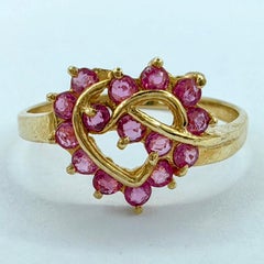 Vintage 80's Pink Sapphire Heart Ring & Necklace Pendant Set in 14k Yellow Gold