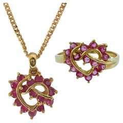 Vintage 80's Pink Sapphire Heart Ring & Necklace Pendant Set in 14k Yellow Gold