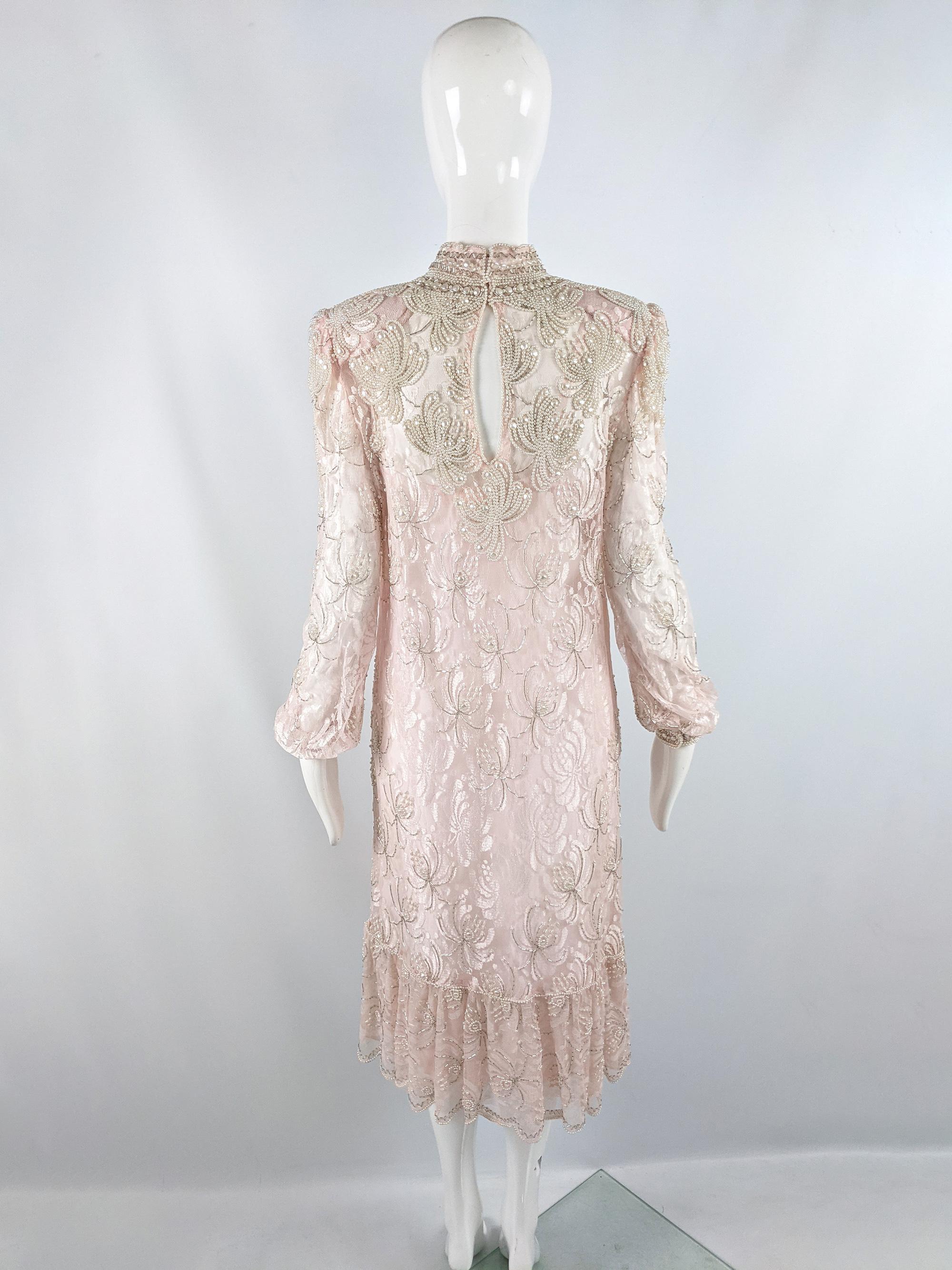 Vintage 80s Pink Sheer Lace Heavily Beaded Shoulder Pads Dress with Slip, 1980s For Sale 2