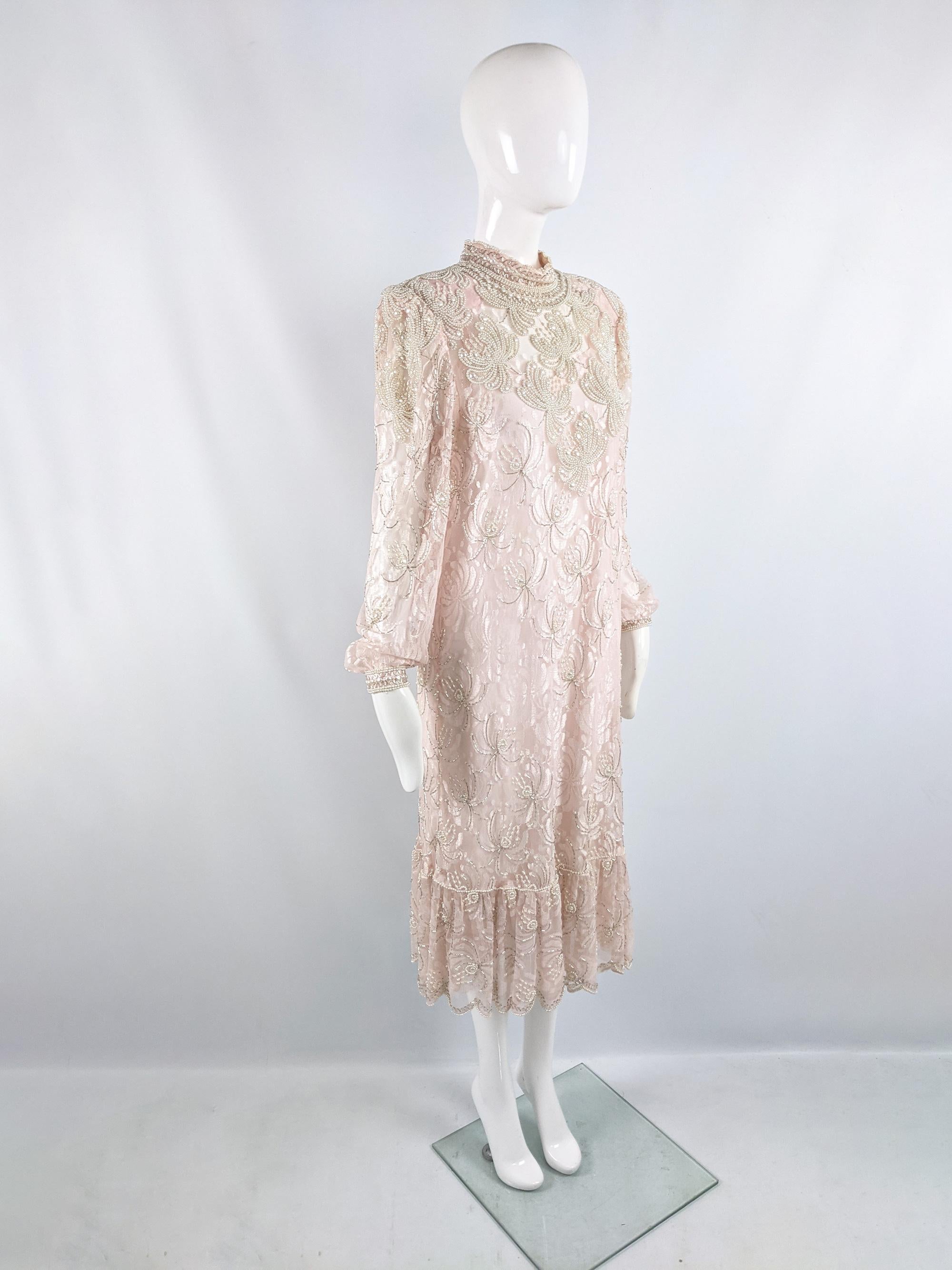 Vintage 80s Pink Sheer Lace Heavily Beaded Shoulder Pads Dress with Slip, 1980s In Good Condition For Sale In Doncaster, South Yorkshire