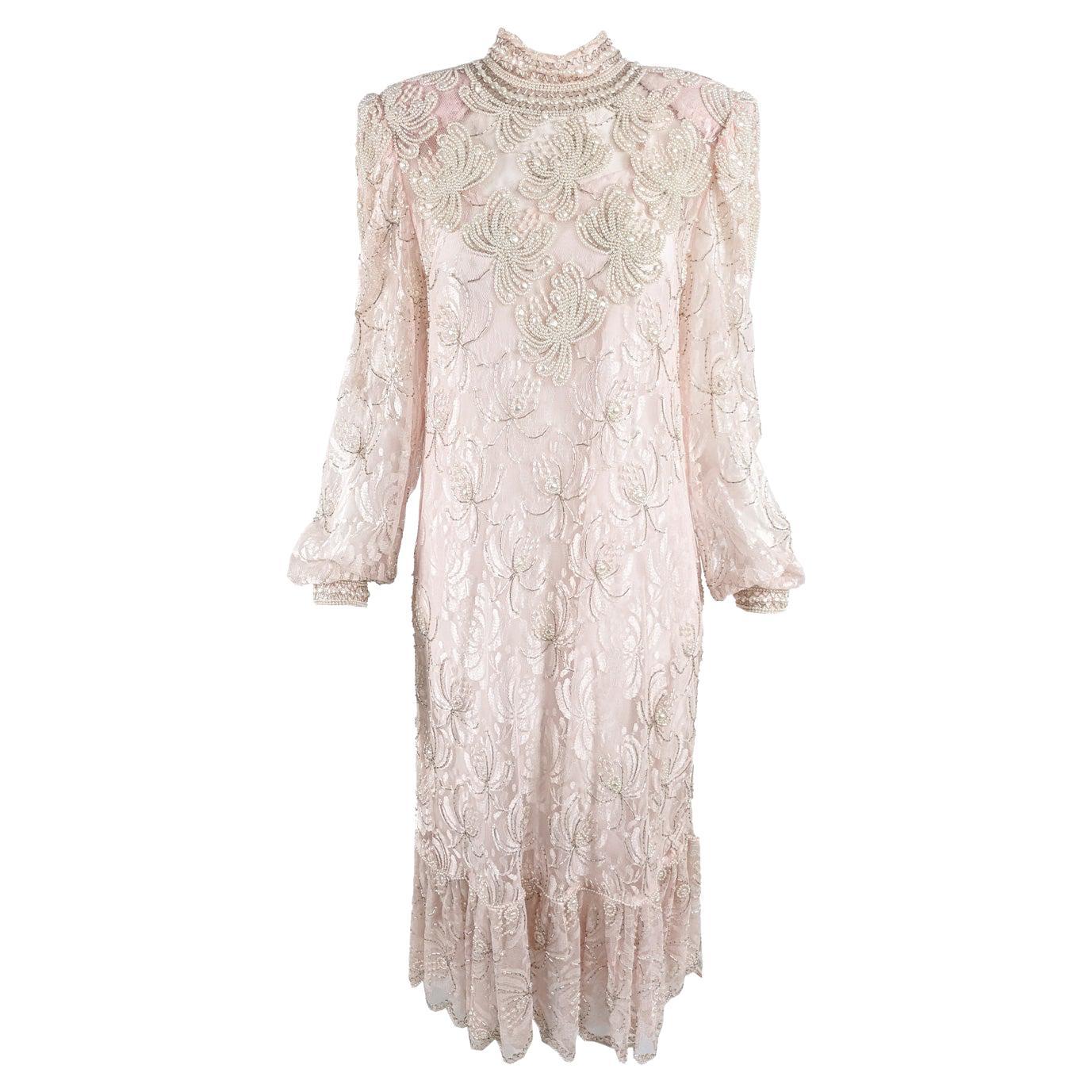 Vintage 80s Pink Sheer Lace Heavily Beaded Shoulder Pads Dress with Slip, 1980s For Sale