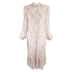 Vintage 80s Pink Sheer Lace Heavily Beaded Shoulder Pads Dress with Slip, 1980s