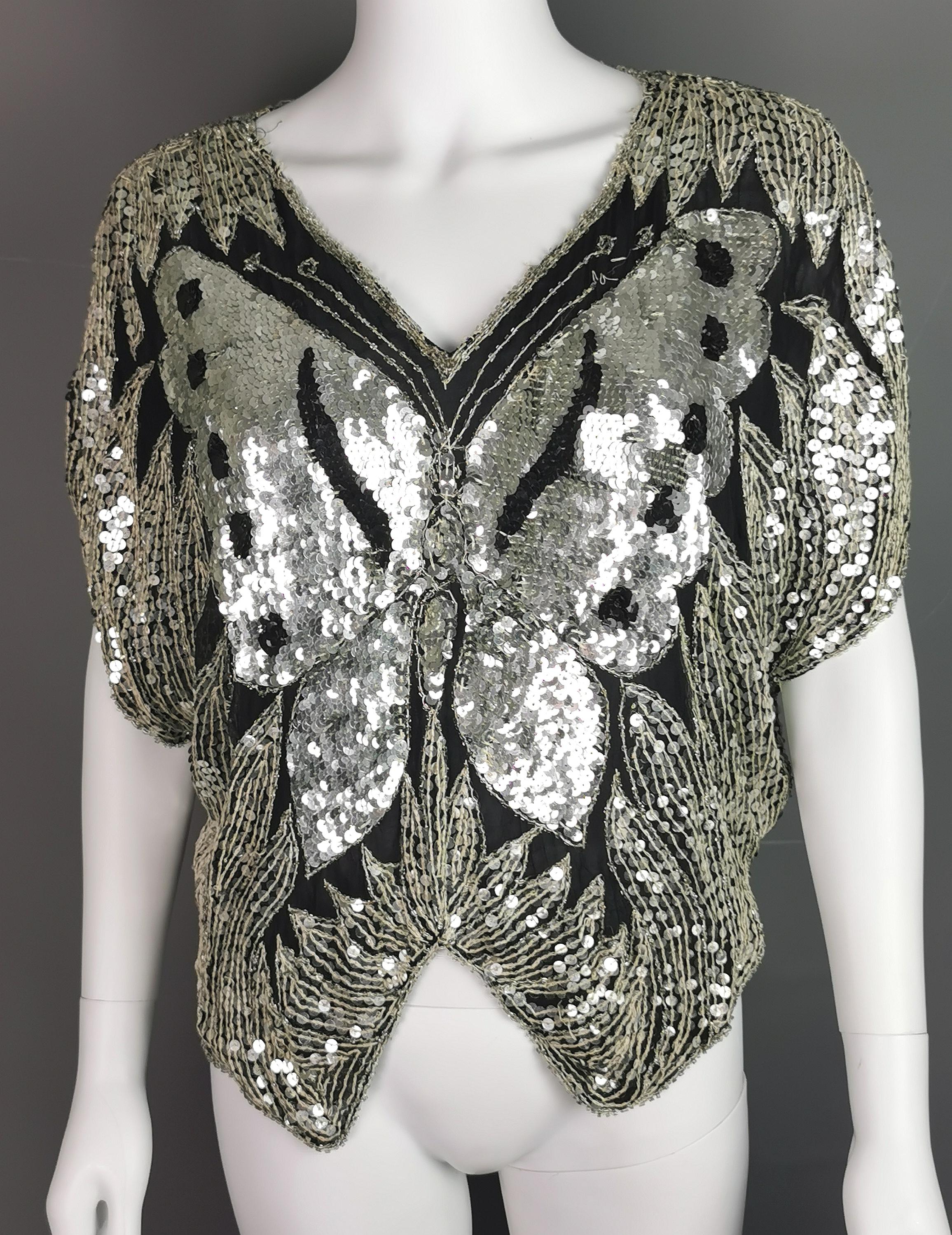 Vintage 80s sequin butterfly top, Silk, beadwork 6