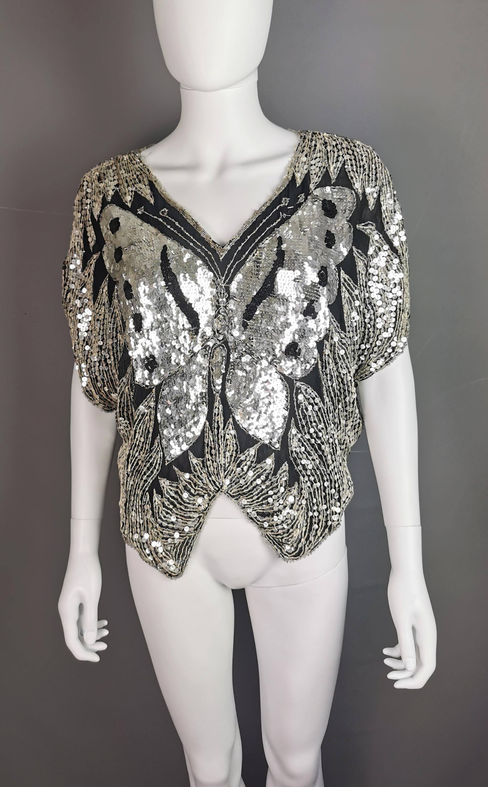 Vintage 80s sequin butterfly top, Silk, beadwork 7