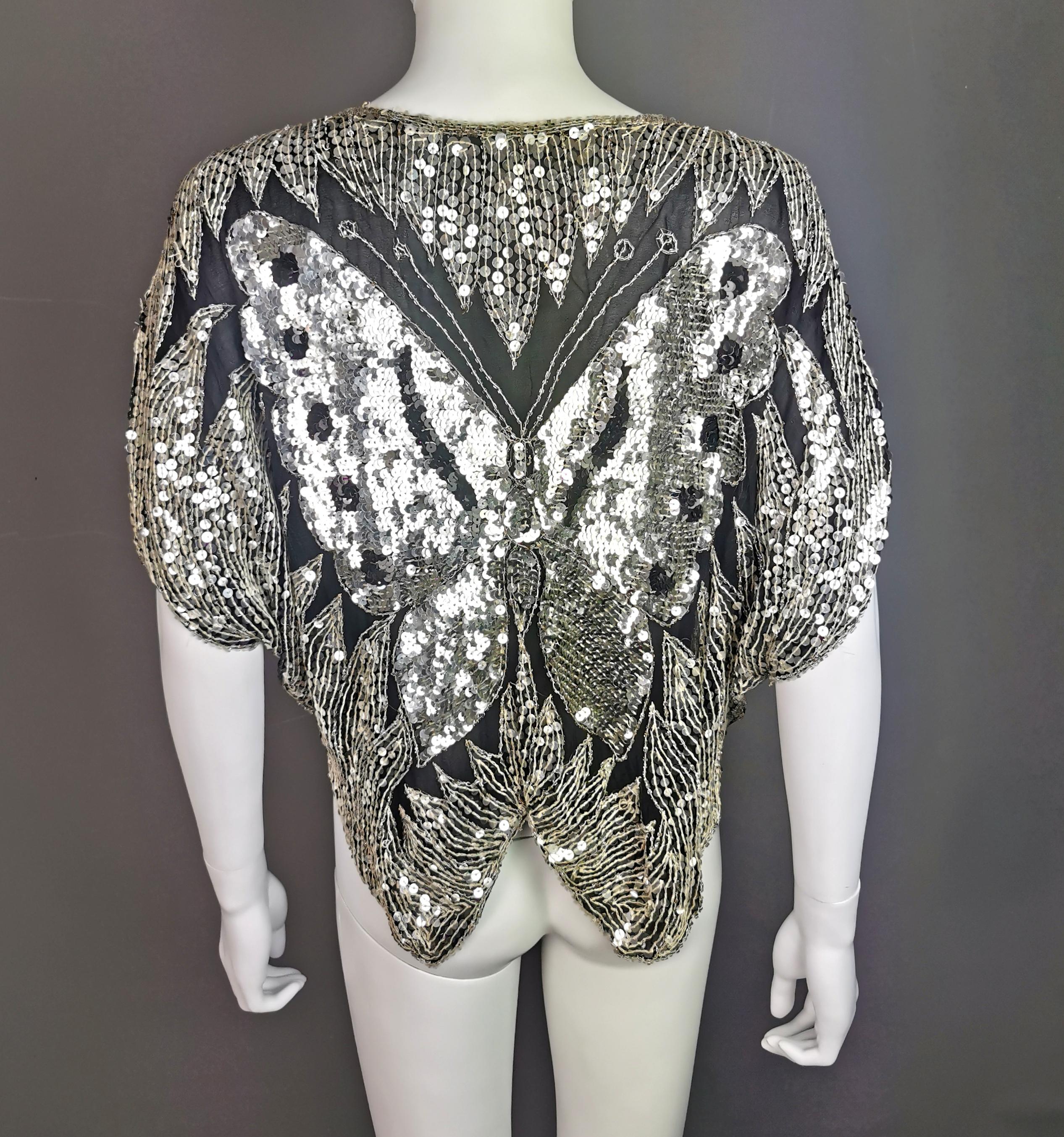 Vintage 80s sequin butterfly top, Silk, beadwork 10