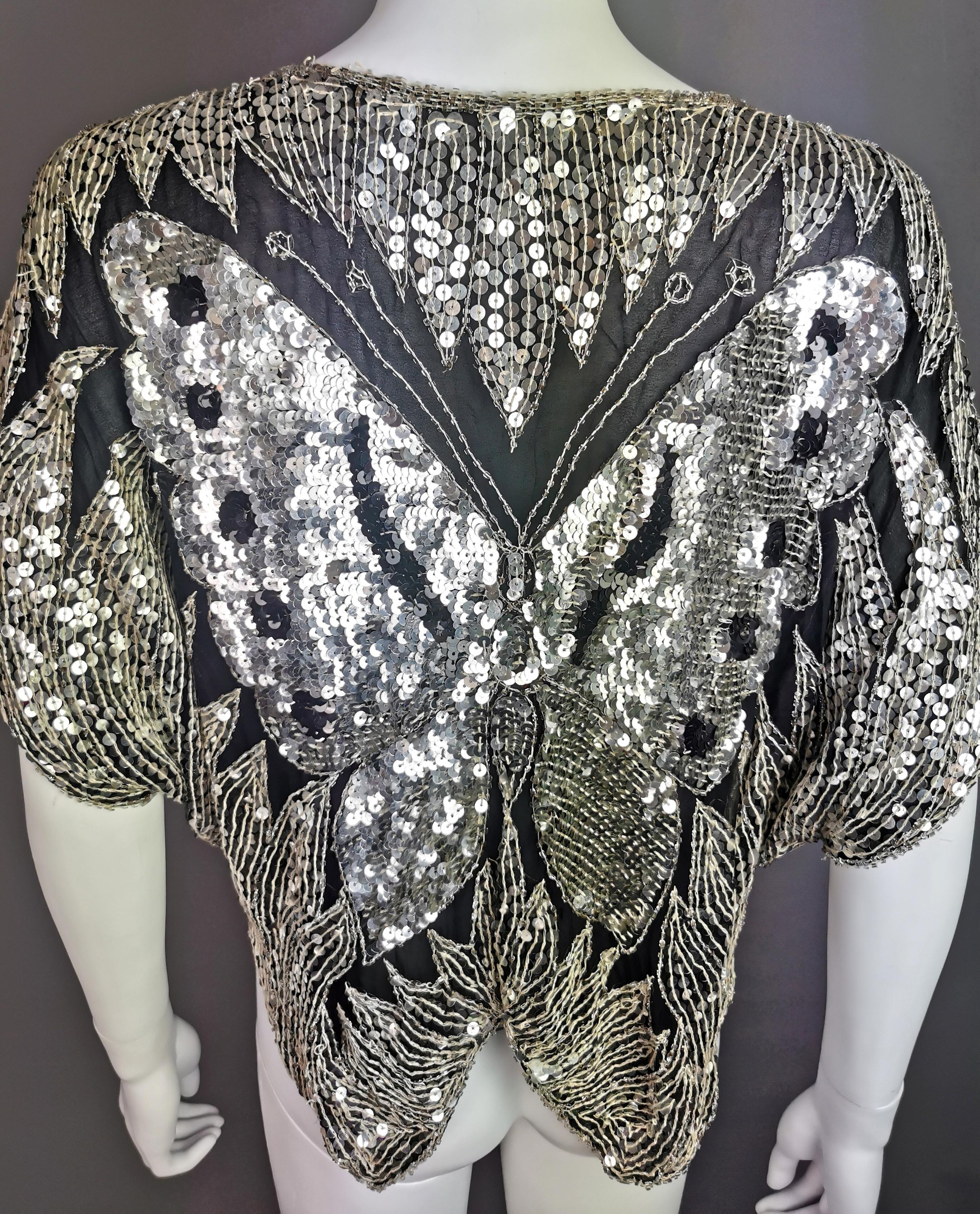 Vintage 80s sequin butterfly top, Silk, beadwork 11