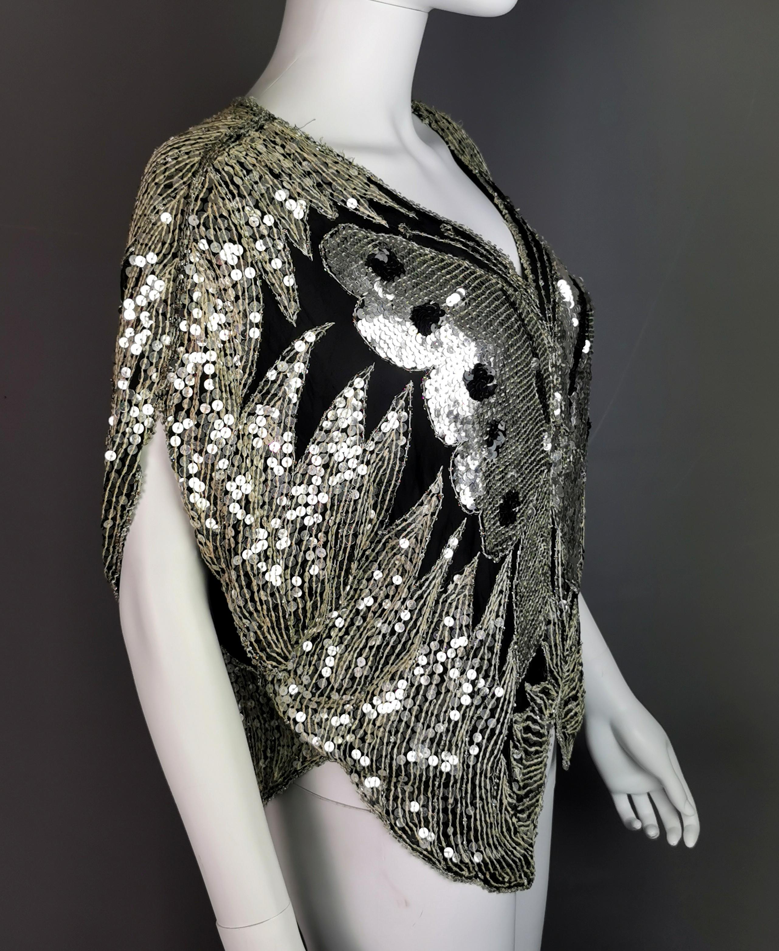 Vintage 80s sequin butterfly top, Silk, beadwork In Good Condition In NEWARK, GB